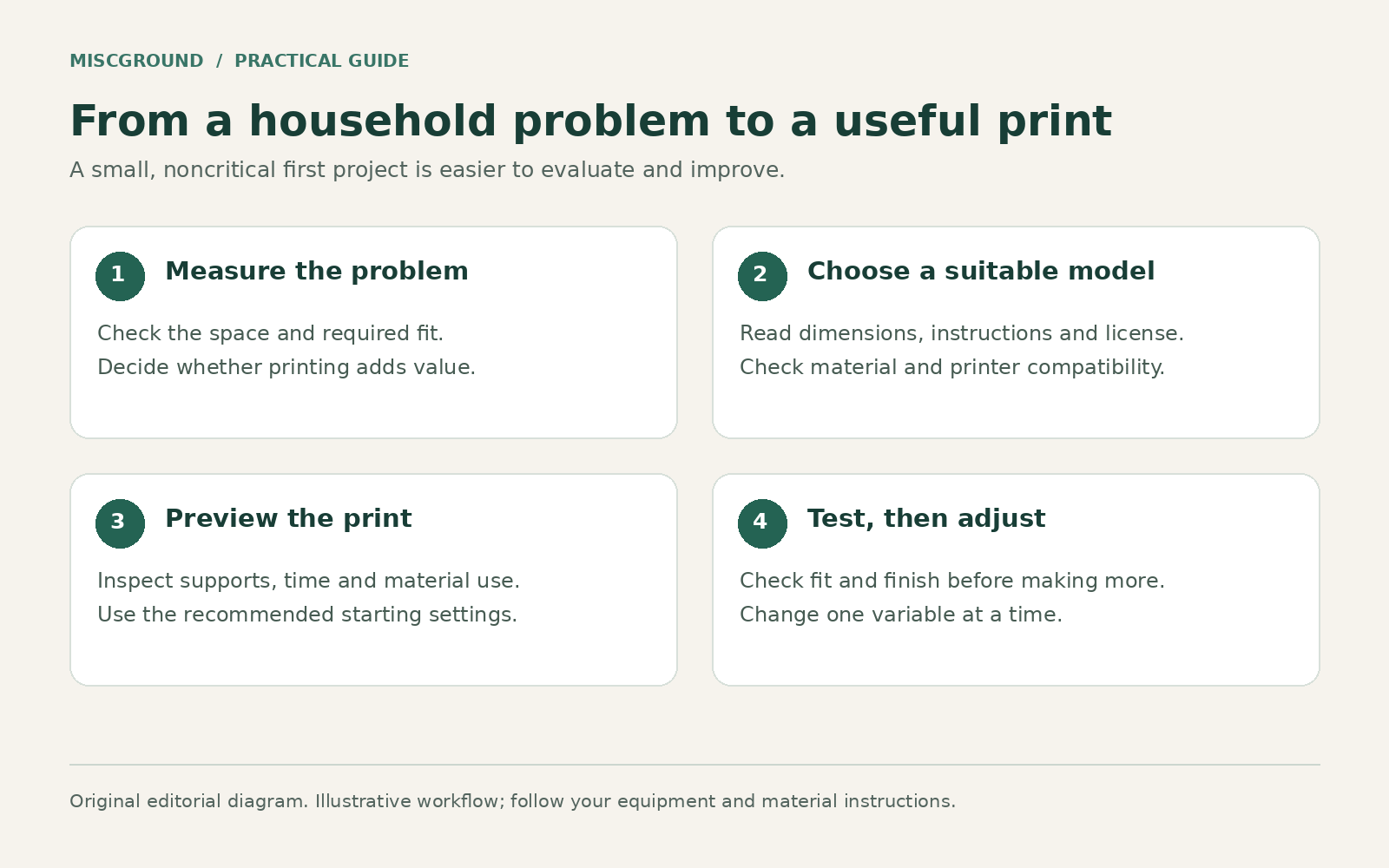 Four-step diagram: measure, select a model, preview the print, and test the result