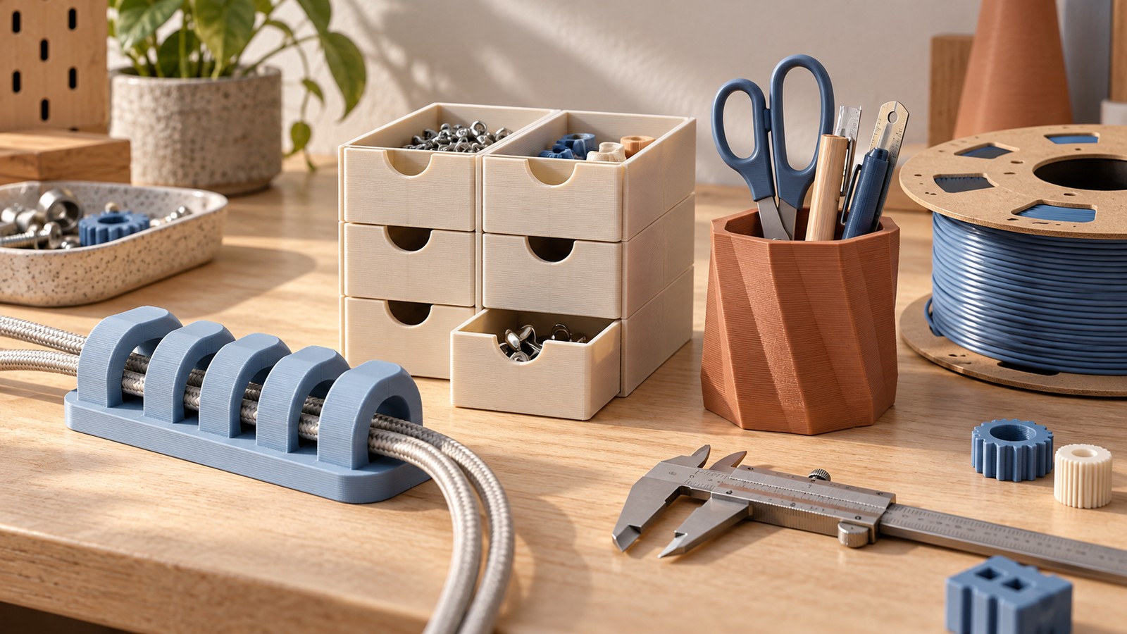 AI-generated conceptual illustration of useful household prints, filament and a caliper