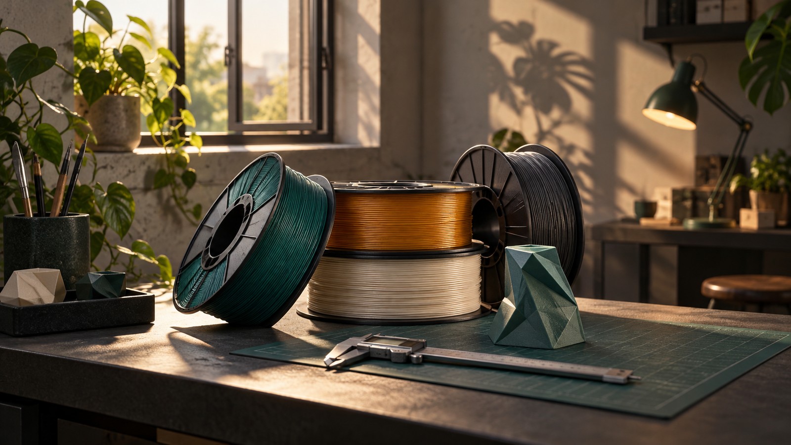 AI-generated conceptual still life of filament spools and a workspace; no P2S product is depicted