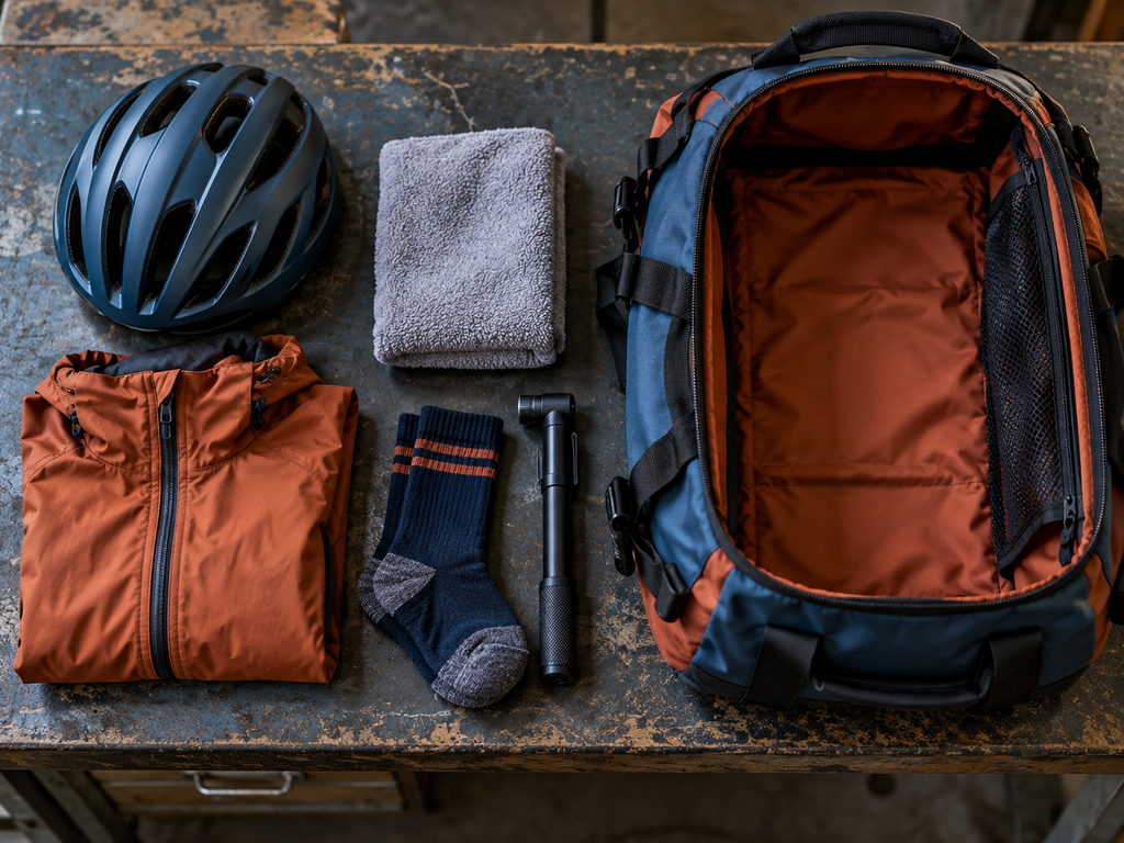 Illustrative cycling kit prepared for a wet race day
