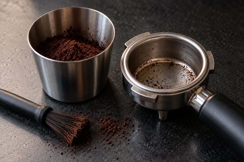 Illustrative coffee dosing cup, portafilter and cleaning brush on a work surface