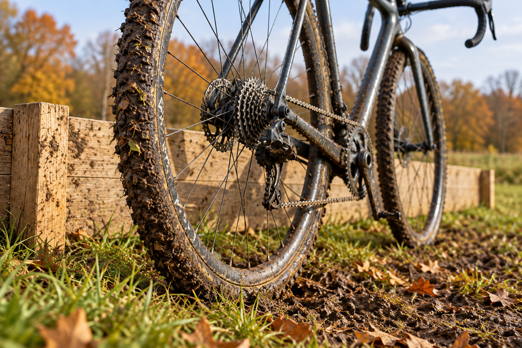 Illustrative detail of a cyclocross tire beside grass and a course barrier