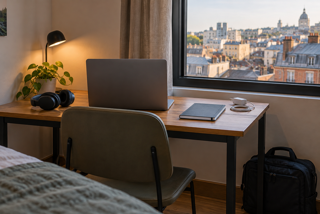 Illustrative travel workspace with a laptop, notebook and charging setup