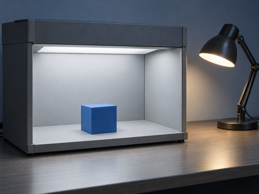 Conceptual inspection setup for viewing a printed sample under controlled lighting